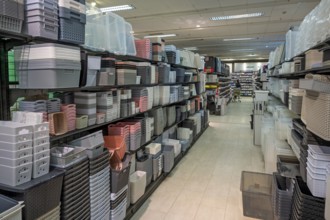 Shelves with plastic baskets, one-euro shop, Allgäu, Bavaria, Germany, Europe