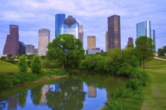 Houston Texas modern skyline from park river US