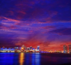 Miami downtown skyline sunset in Florida USA