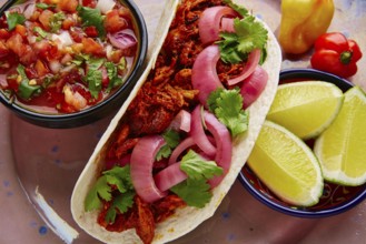 Cochinita Pibil Mexican food with pico de gallo lemon and chili