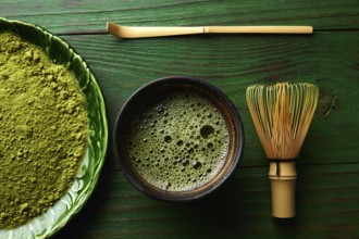Matcha tea powder bamboo whisk chasen and spoon for japanese ceremony