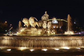 Cibeles night statue in Madrid Paseo Castellana of Spain