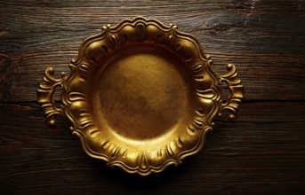 Vintage golden tray round on an aged brown wood background