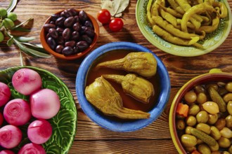 Tapas pickles mix olives chili onion eggplant from Spain