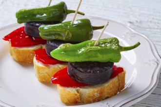 Pinchos Burgos morcilla with padron pepper tapas pintxos from Spain food