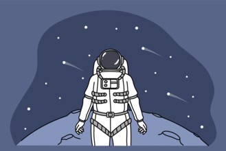 Astronaut in spacesuit explore planet in universe look in space full of stars. Cosmonaut or