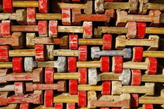 Wooden formwork beams were stacked on a pile