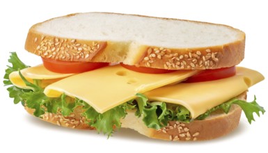 Sandwich with cheese, tomato and lettuce isolated on white background