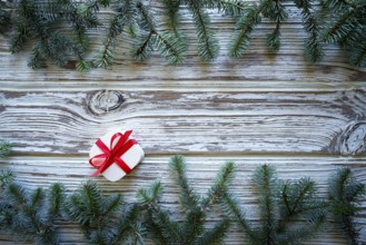 Fir branch christmas and gift on white wooden vintage background