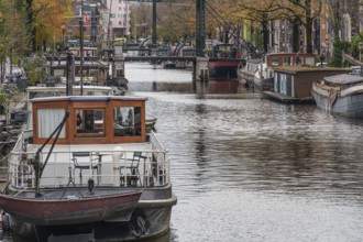 Boats in the city canal, lined with autumnal trees and a bridge, Amsterdam, Netherlands