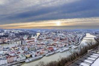 View of Passau in Bavaria at sunset on a winter evening