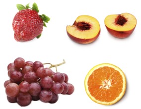 Collage from fresh ripe fruit grape, peach, strawberries and orange on white background. Picture is