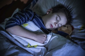 Sleeping child with his toy bear