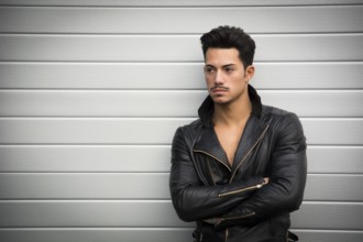 Attractive young man with black leather jacket, arms crossed, outdoors