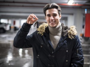 Young trendy man in winter outerwear standing on parking showing alarm remote control to the