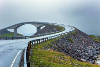 Scenic bridge over the ocean. Atlantic Road: the most beautiful road in the world. Cold and stormy