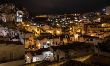 Scenic skyline of Sassi di Matera at night, Italy, Europe
