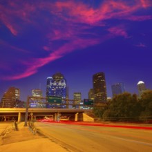 Houston downtown skyline at sunset dusk in Texas US USA