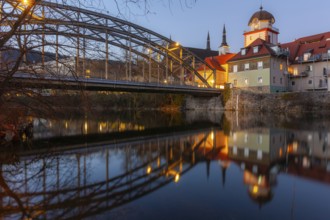 Waasenbrücke, Schwammerlturm, historic buildings of the old town are reflected in the river Mur,