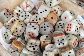Variety of onyx dice with red and black dots, trip to Aphrodisias, Turkey, Asia
