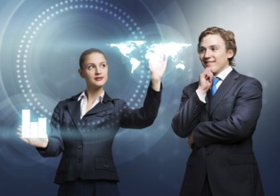 Young businessman and businesswoman working in cooperation with virtual panel