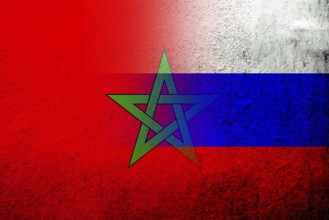 National flag of Russian Federation with The Kingdom of Morocco National flag. Grunge background
