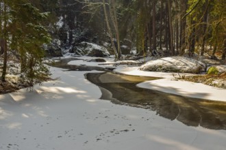 A snowy forest stream with partly frozen water under bright sunshine, Waldnaabtal, Upper Palatinate