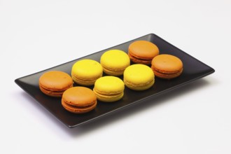 Traditional french colorful macarons on the black plate