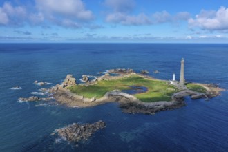 Aerial view island Ile Vierge with lighthouses Phare de l'Ile Vierge, old lighthouse from 1845 and