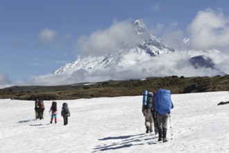 Hiking on Kamchatka Peninsula: hiker goes in mountain on background of Klyuchevskaya group of