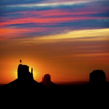 Sunrise at Monument Valley West and East Mittens and Merrick Butte with crow Utah