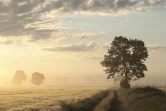 Silhouette of ash tree in a grain field in foggy weather during sunrise