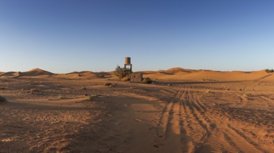 View of offroad vehicle tracks leading into the sand dunes of Erg Chebbi in the Sahara Desert of