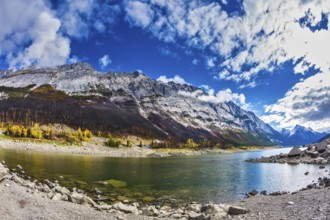 Jasper national park, Canada. The picturesque Medicin Lake, has strongly shoaled in the fall