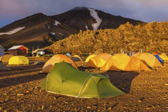 Tents tourists, mountains and glaciers covered with warm sunlight. Fairy dawn National Park