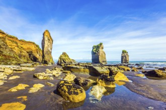 Picturesque rocks Three Sisters on the Pacific coast. The concept of active and phototourism. New