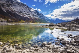 Jasper National Park, Canada. Strong shoaling Medicine Lake in the fall