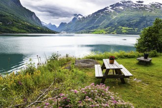 Wooden table and benches on the banks of the picturesque Lovatnet. Northern Europe in July. Summer