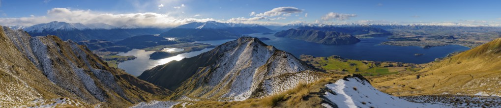 Panorama of Lake Wanaka and Roys Peak in winter, South Island, New Zealand, Oceania