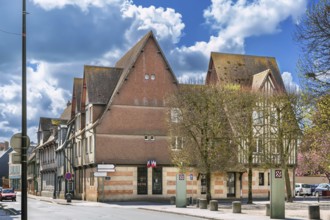 Picturesque half-timbered houses in Pont-l'Eveque, Calvados, France, Europe