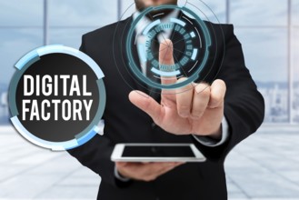 Text sign showing Digital Factory, Concept meaning uses digital technology to operate the