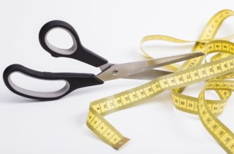 A scissors is cutting a tape measure