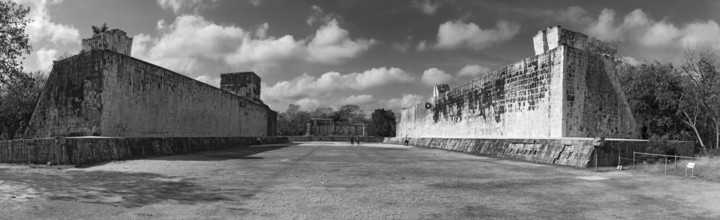 Black and white panoramic view of the ball court in Chichen Itza, Yucatan, Mexico, Central America