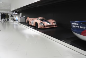 A pink Porsche 917 with a pig design on display in the museum, Neues Porschemuseum 2009, Stuttgart,