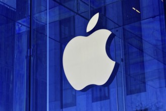 Manhattan, New York City, New York, USA, North America, Large Apple logo on a modern glass building
