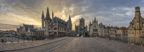 Ghent Belgium, panorama sunrise city skyline at St Michael's Bridge (Sint-Michielsbrug)