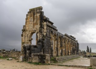 Volubilis, Morocco, 3 March, 2024: view of the temple ruins in the Berber-Roman city of Volubilis