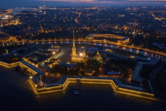 Aerial night view of Peter and Paul Fortress with cityscape, Saint-Petersburg, Russia, Europe