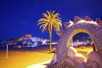 Peniscola skyline and castle beach sunset in Castellon of Spain