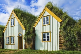 The recreated village - museum of first settlers in Iceland. Village of ancestors. Houses are